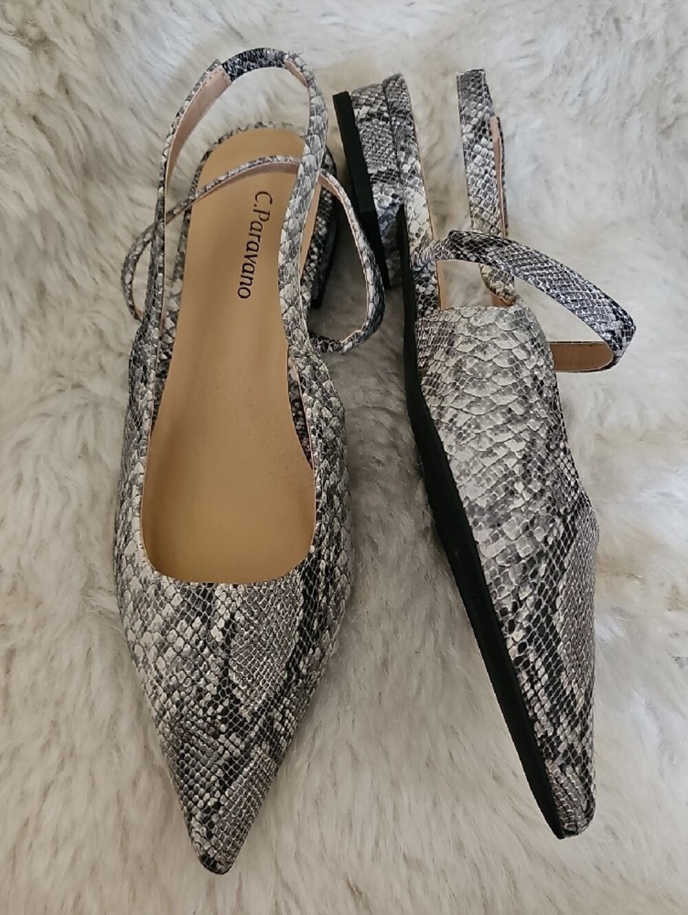 C.Paoxano Pointed-Toe Snake-Print Mary Jane Flats in Gray - Picture 5 of 8
